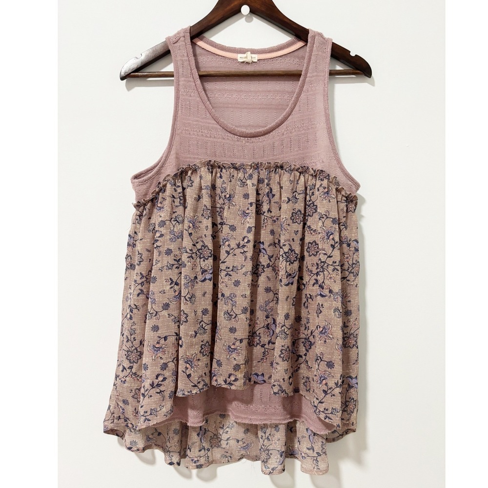 Mason & Belle Tank Top Womens Large Mauve Floral Mixed Media Pointelle Boho